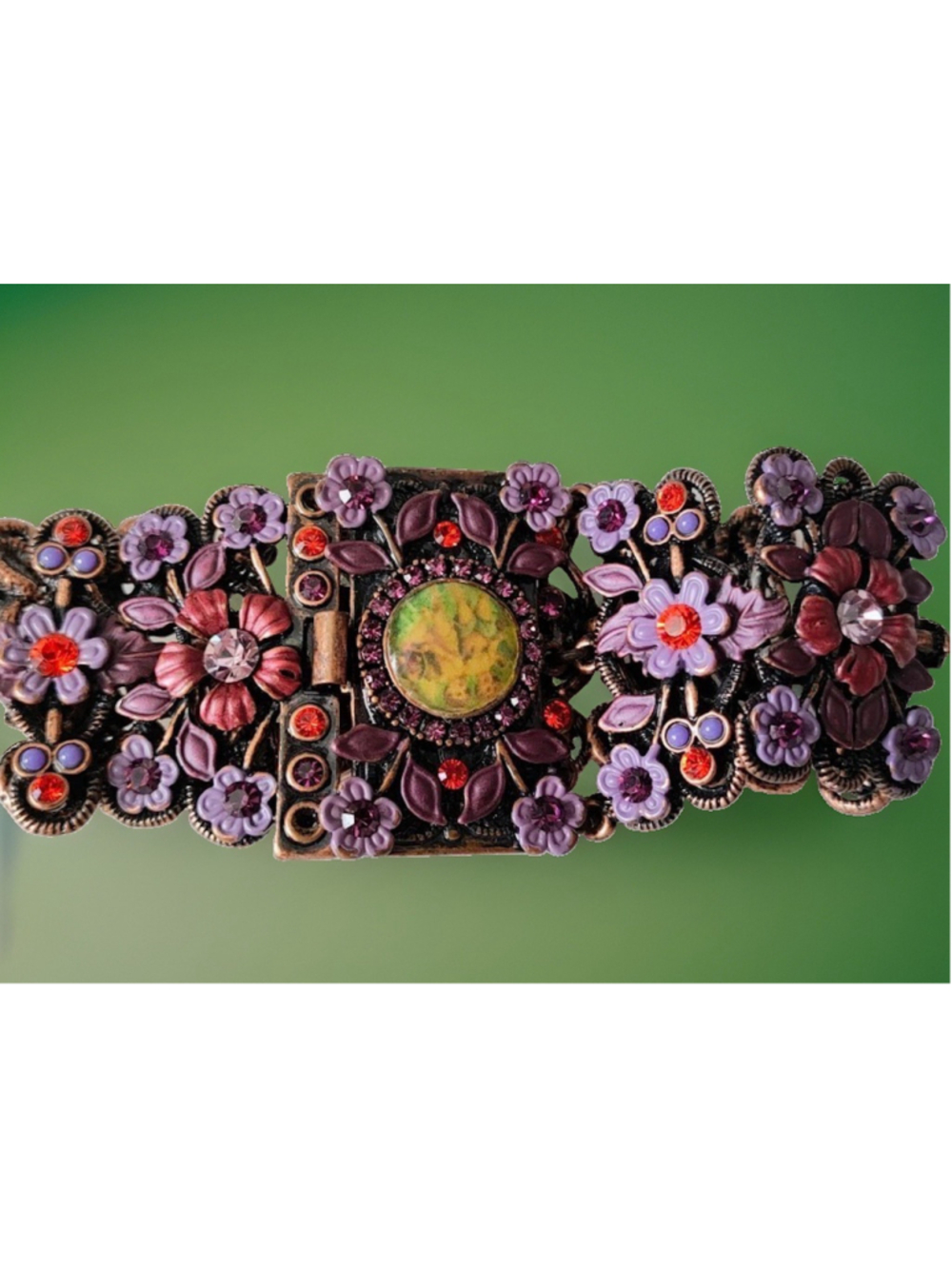 Vtg Signed MX Studio Enamel Rhinestone Flowers Cherub Cameo Panel Bracelet Pink